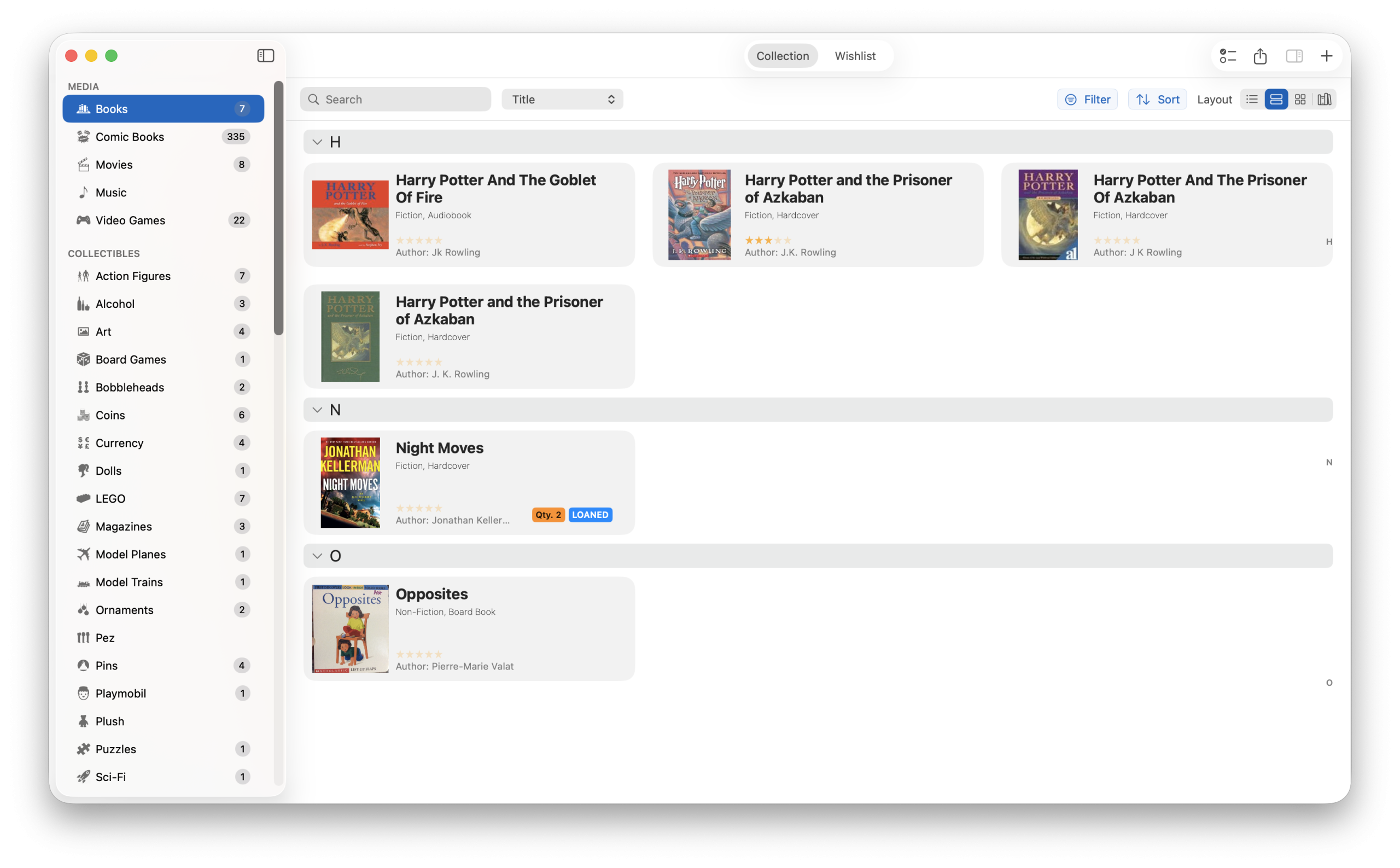 Extended list view showing detailed book collection information in iCollect Everything Mac app