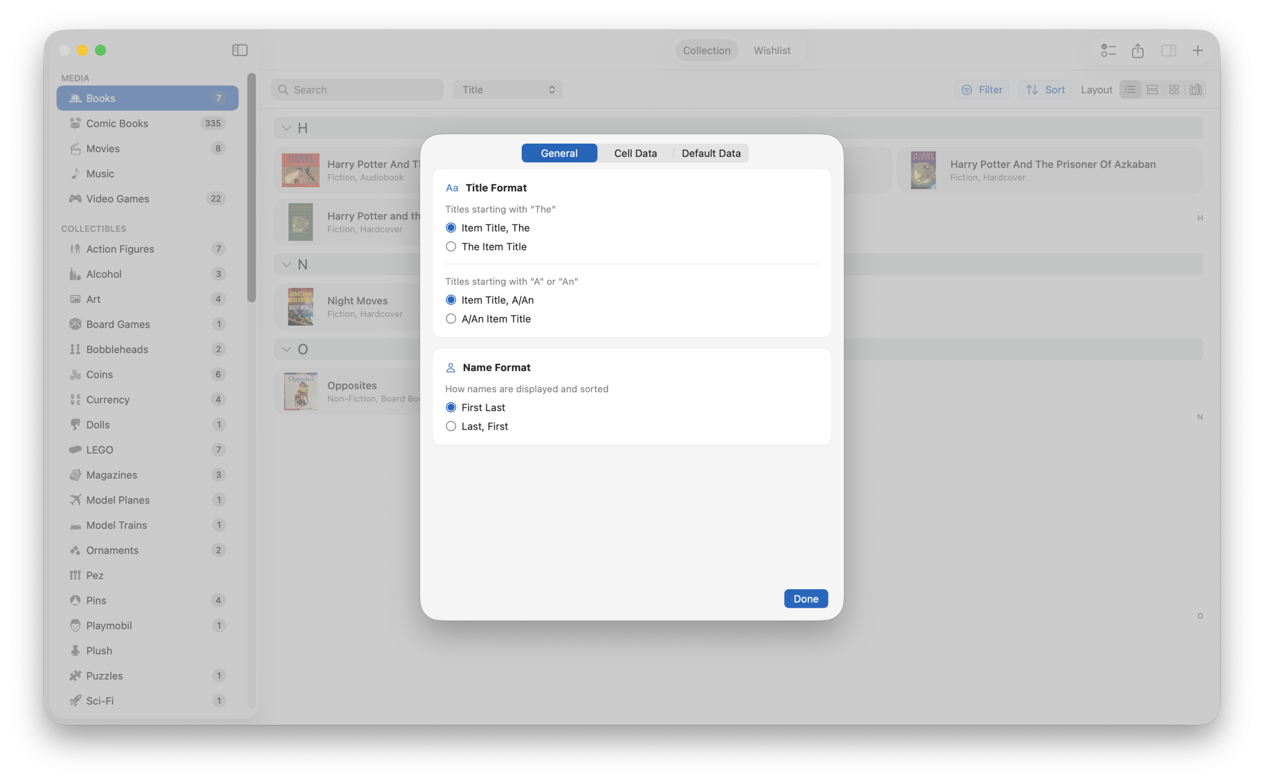 Collection Settings dialog for customizing title format and display in iCollect Everything Mac