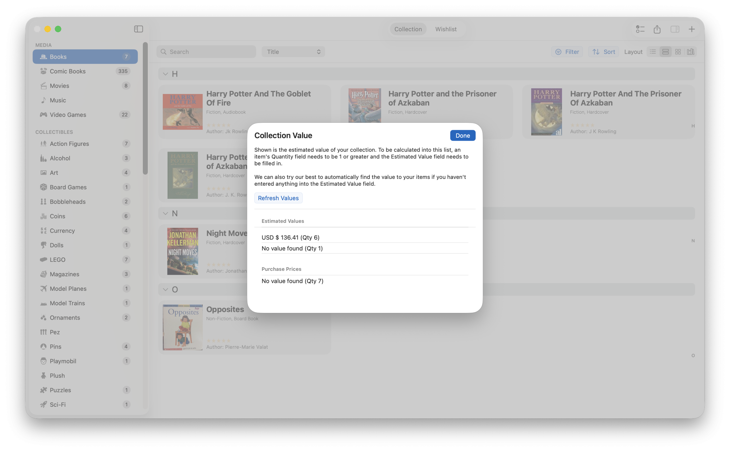 Collection estimated value tracking feature in iCollect Everything for Mac