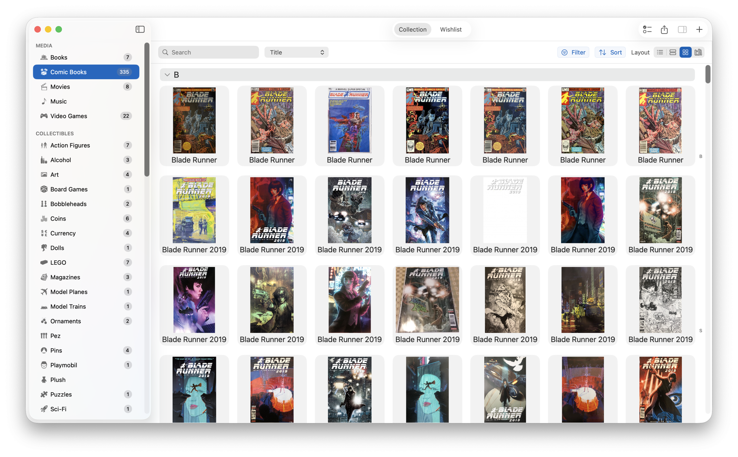 Comic book collection displayed in full grid view showing dozens of covers in iCollect Everything for Mac