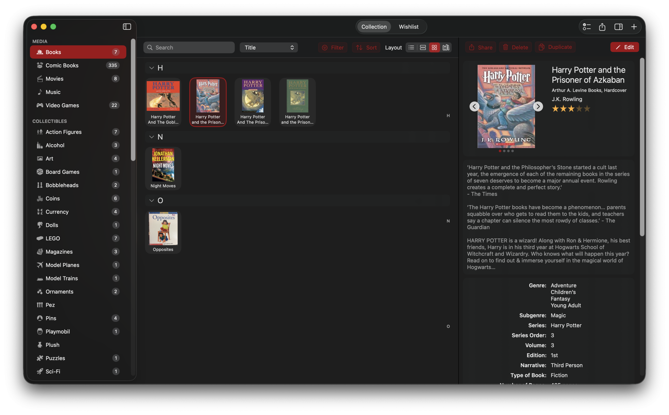 iCollect Everything in Dark Mode with red theme accent showing book collection and info panel