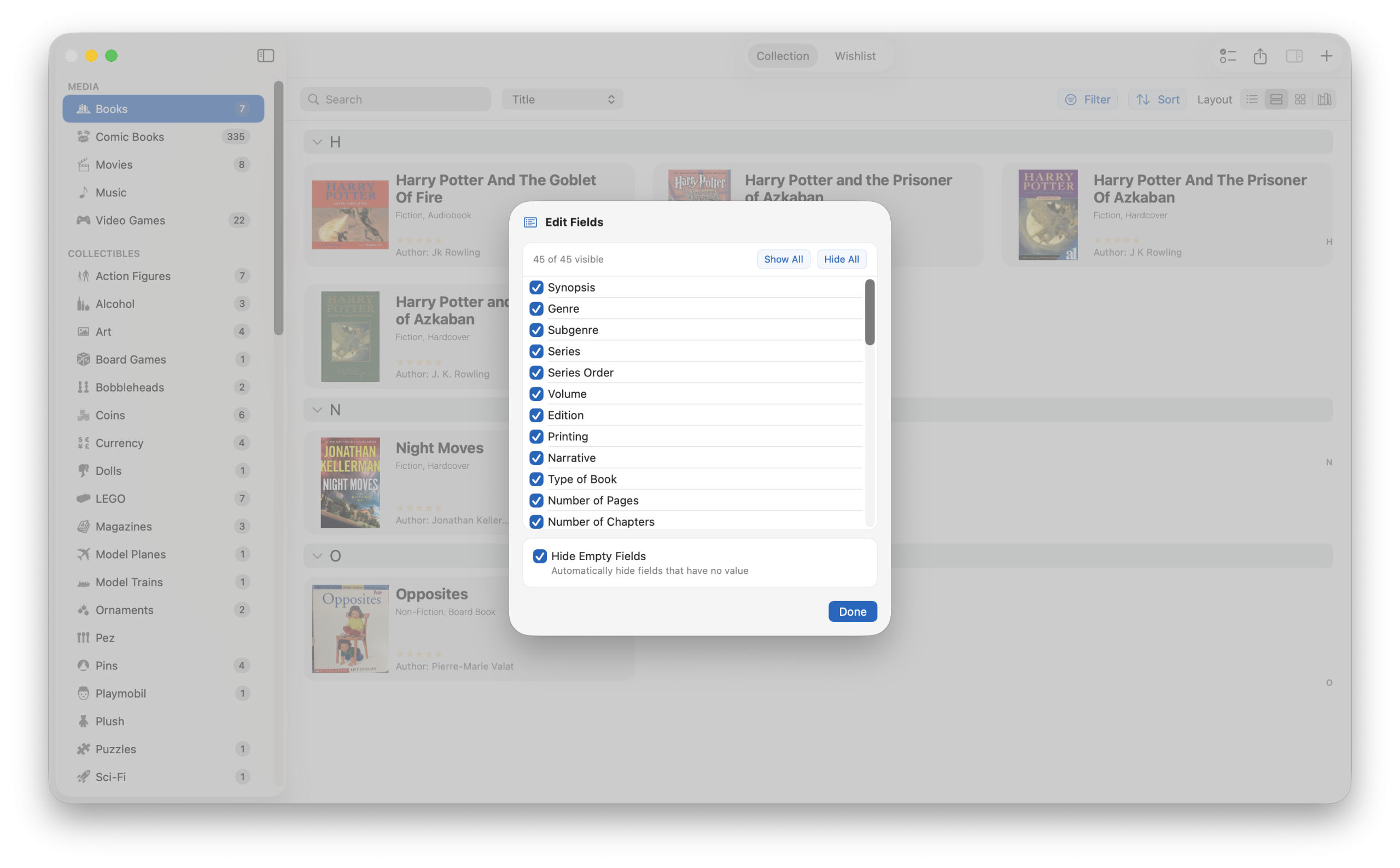 Edit Fields view with visibility toggles to customize which fields appear in iCollect Everything