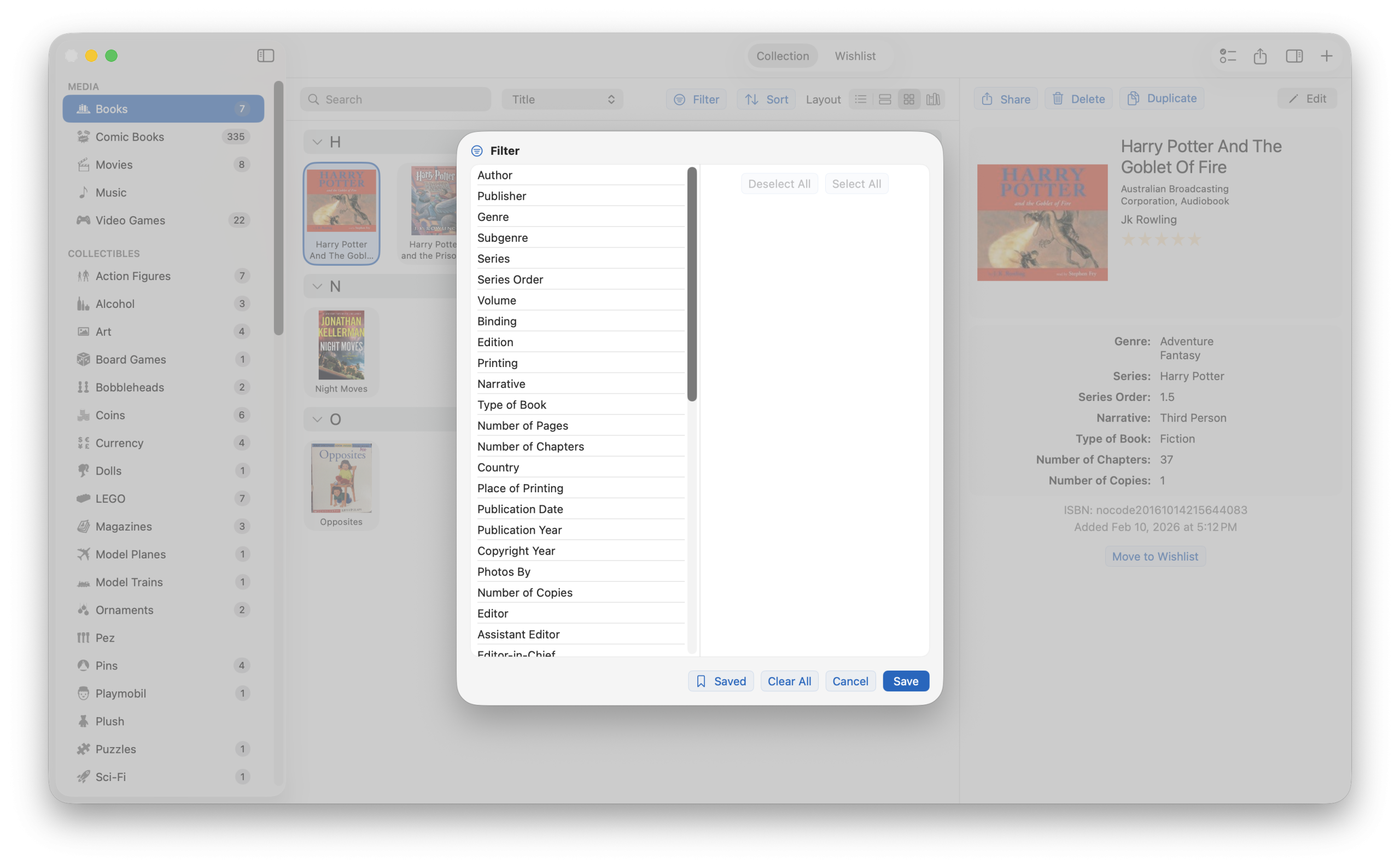 Advanced filter panel with field-specific filtering options in iCollect Everything for Mac