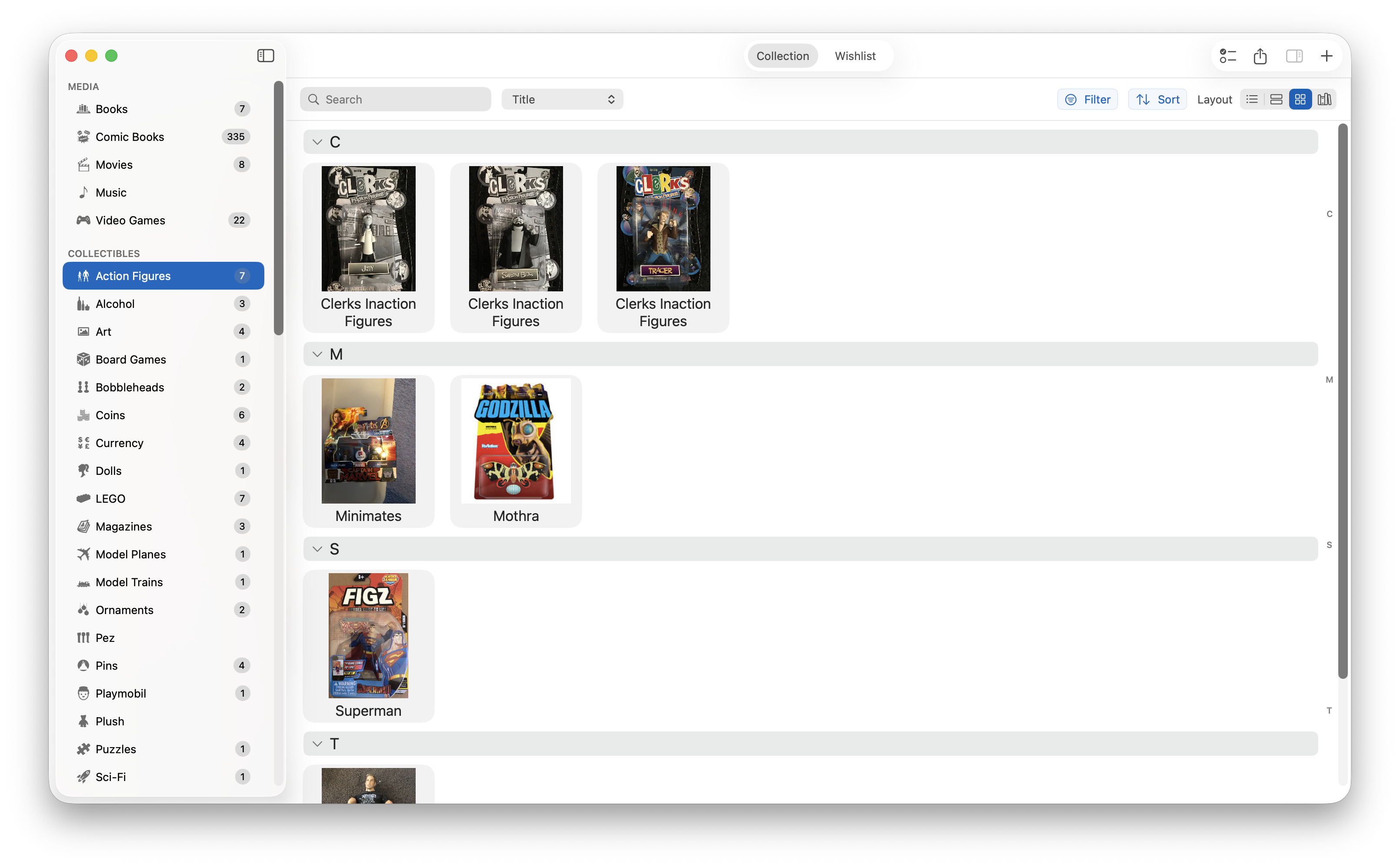 Action figure collection in iCollect Everything app showing figures organized by brand