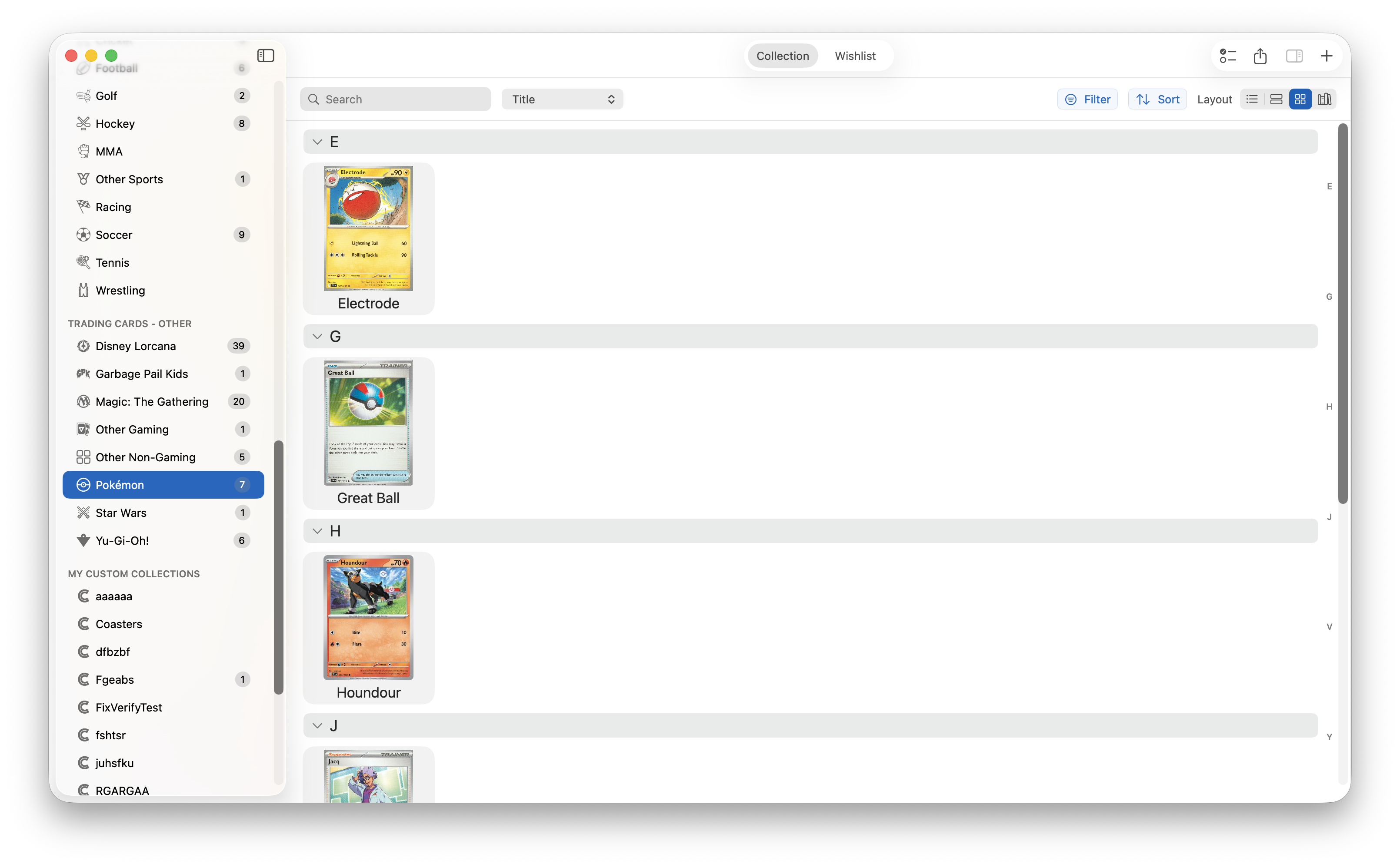 Pokemon trading cards in iCollect Everything app