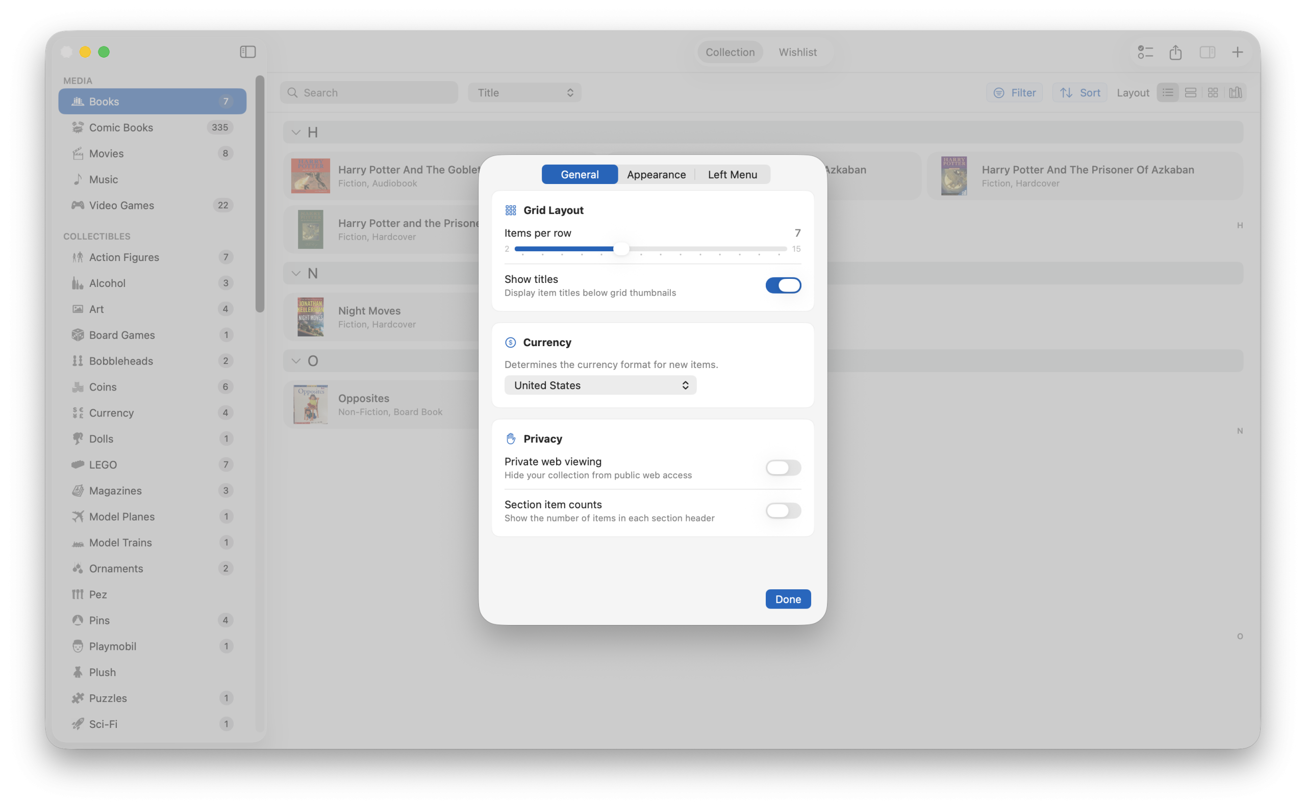 General Settings dialog with grid layout currency privacy and theme options in iCollect Everything