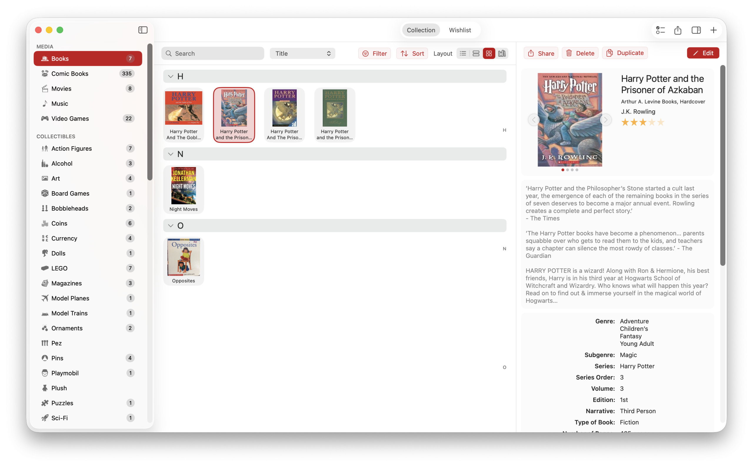 iCollect Everything in Light Mode with red theme accent showing book collection and info panel