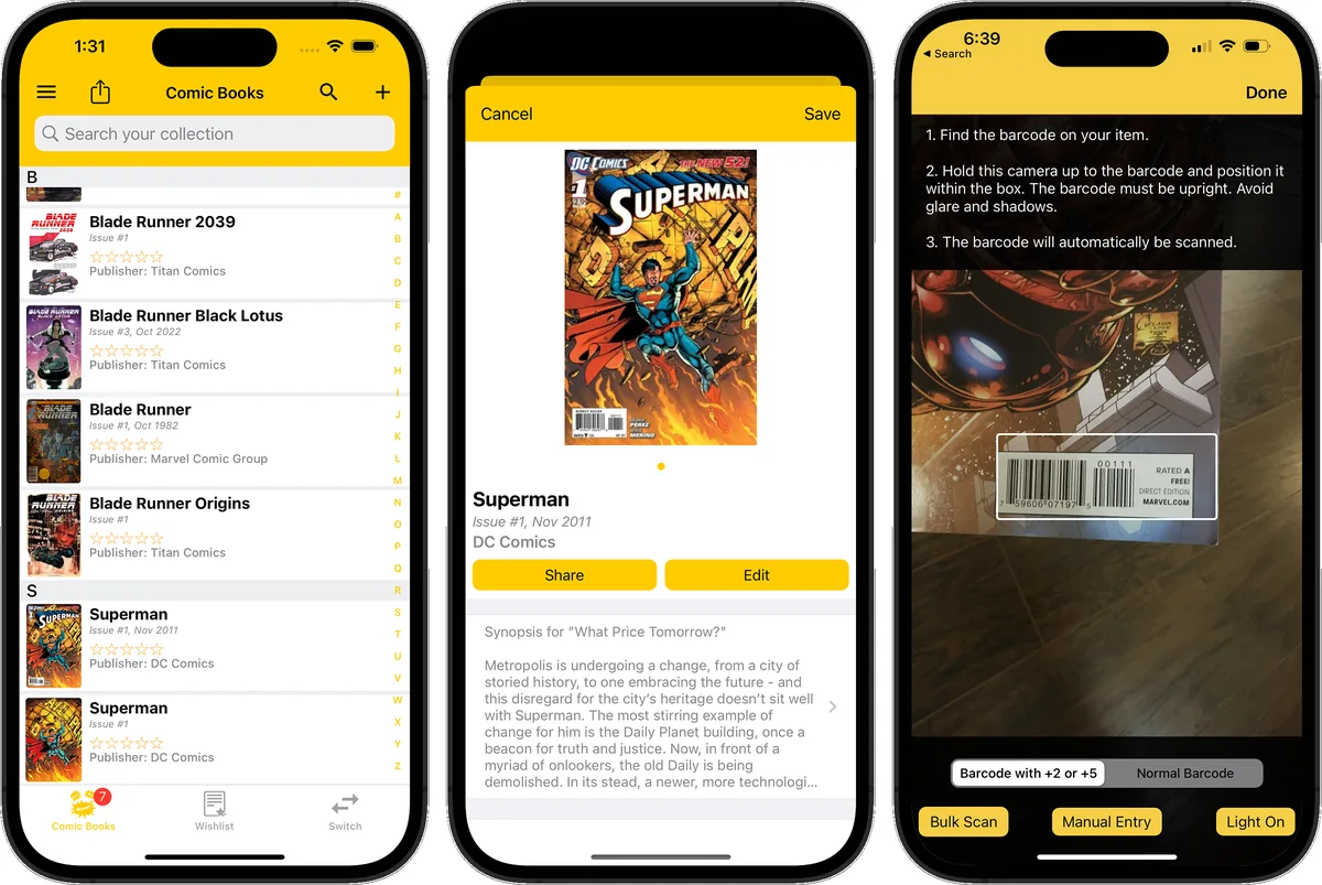 Comic book collection cataloged in the iCollect Everything app