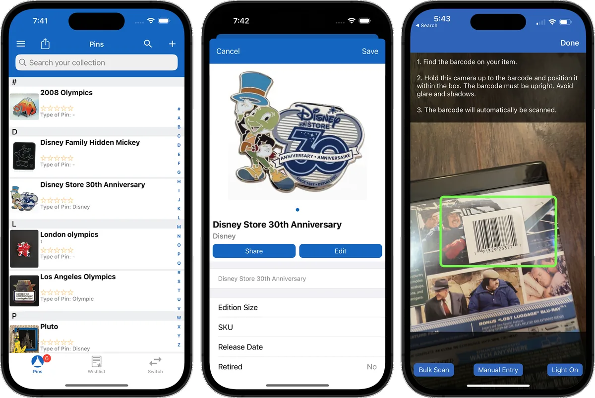 Disney pin collection digitized in the iCollect Everything app