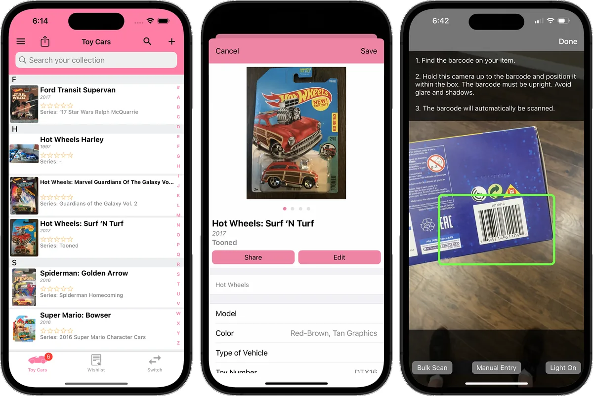 Hot Wheels collection scanned for value in the iCollect Everything app