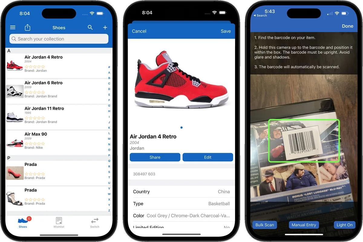 Sneaker collection inventory in the iCollect Everything app