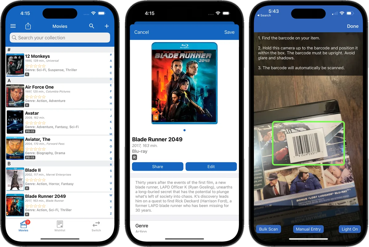 Movie collection including VHS cataloged in the iCollect Everything app