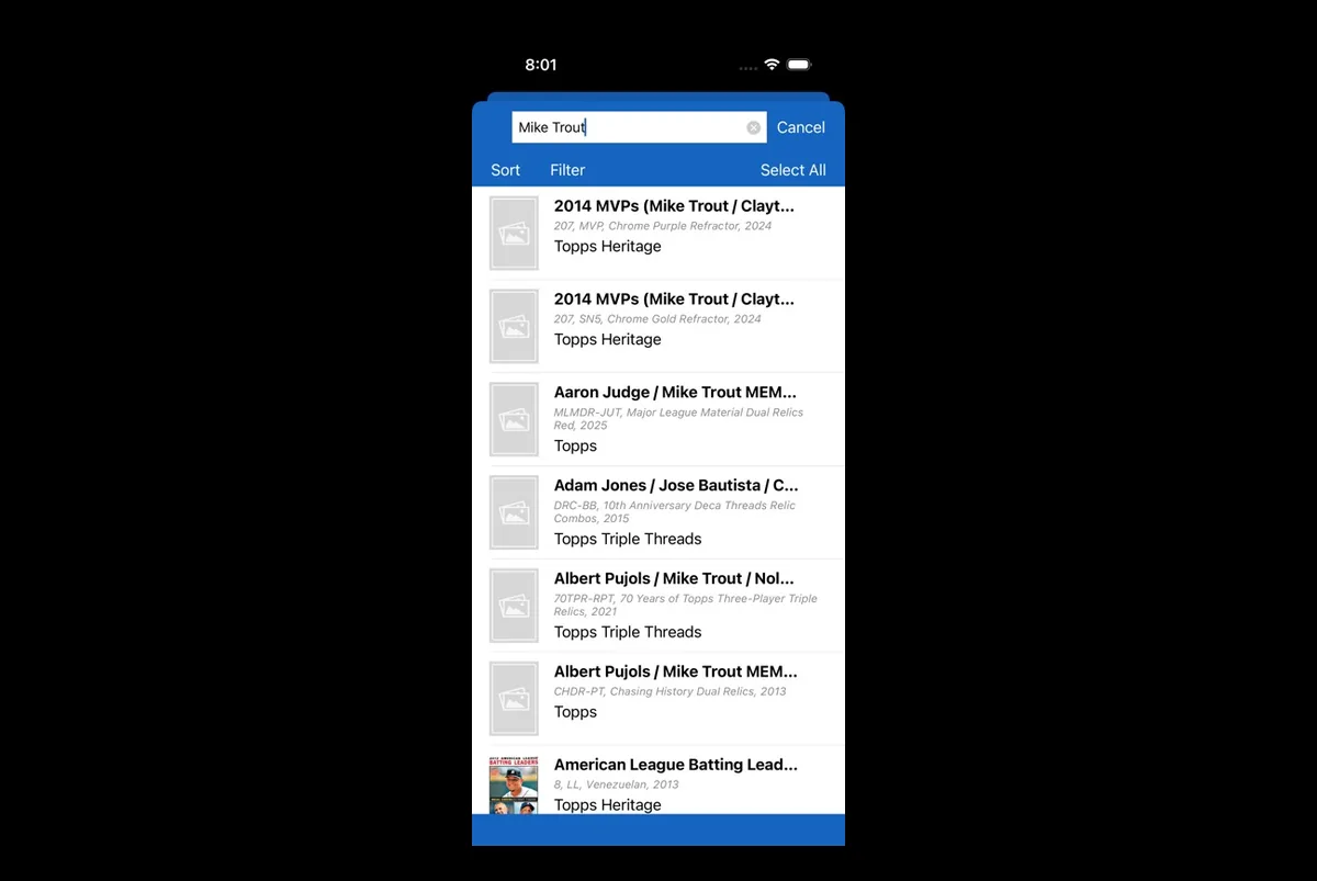 Baseball card search in the iCollect Everything sports card database app