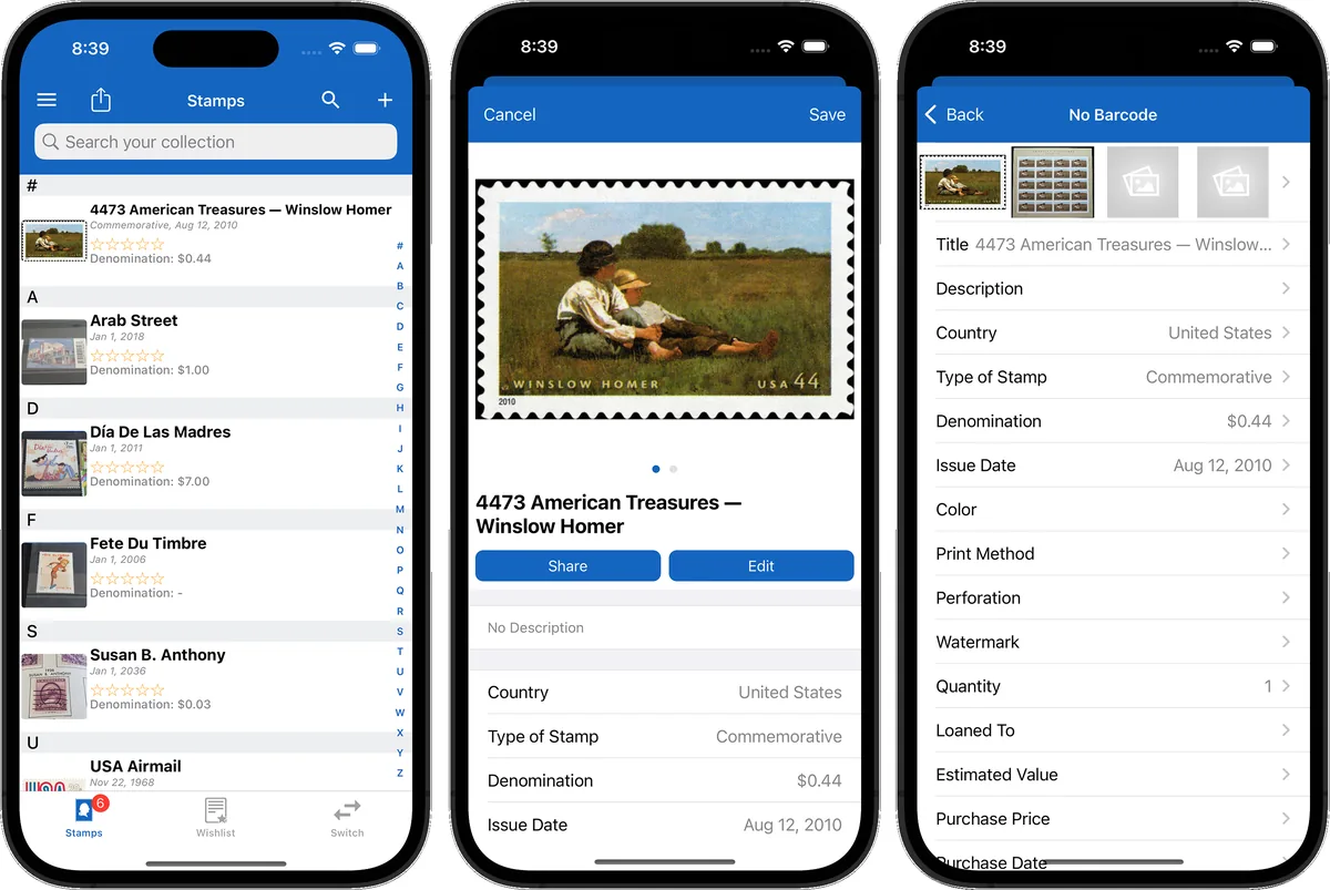 Stamp collection identified and valued in the iCollect Everything app